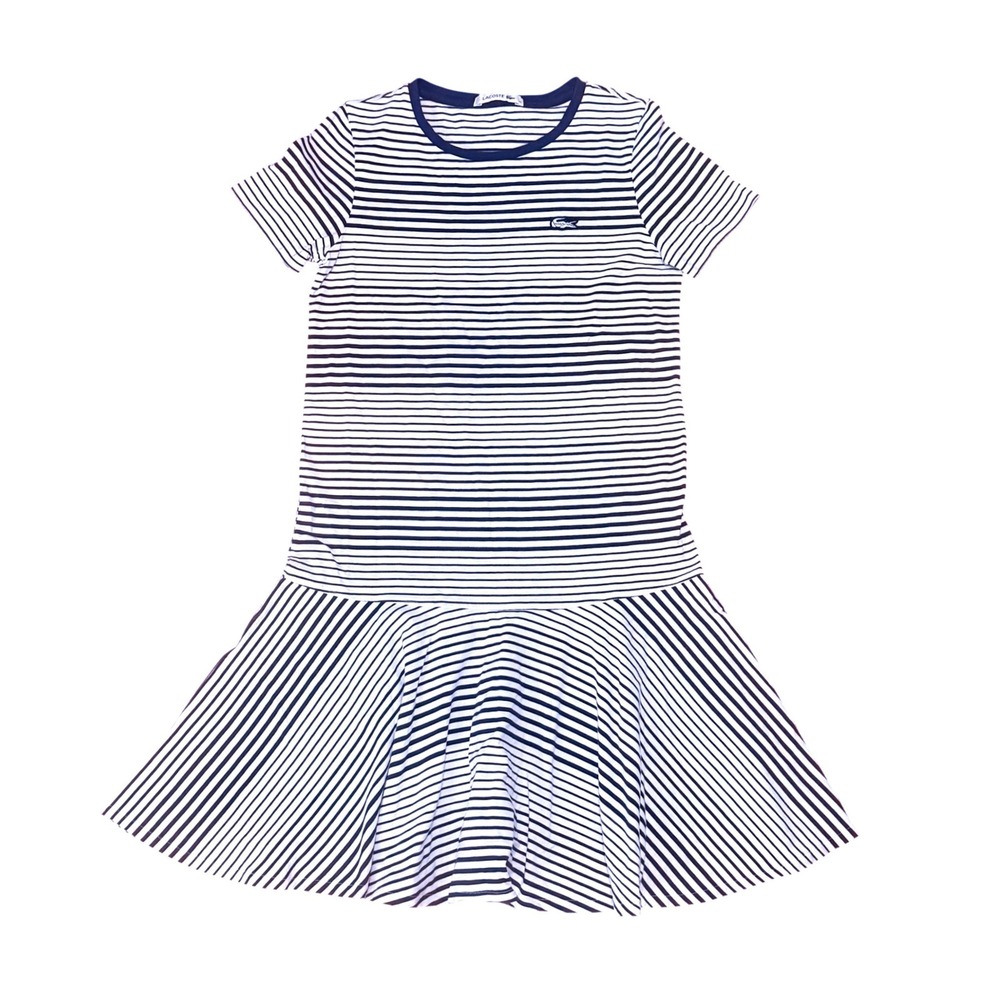 Lacoste Navy & White Striped Drop Waist Dress Crocodile Logo Size 34 XS